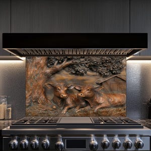 Cows on the Farm Kitchen Backsplash, Tempered Glass Backsplash, Copper Design Kitchen Backsplash Behind Stove Tempered Glass ,Rustic Stove