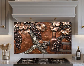 Tempered Glass Kitchen Backsplash, Rustic Grapes Copper Effect, Kitchen Decor, Heat-Resistant, Wall Decor, Behind Stove