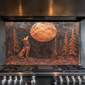 Puede incluir: Un protector contra salpicaduras de metal de cobre con un lobo aullando a la luna, rodeado de árboles. El protector contra salpicaduras está instalado sobre una estufa de acero inoxidable con rejillas negras.