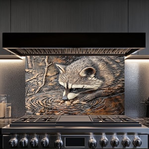 Raccoon Decor Kitchen Backsplash, Tempered Glass Backsplash, Copper Design Kitchen Backsplash Behind Stove Tempered Glass ,Rustic Stove