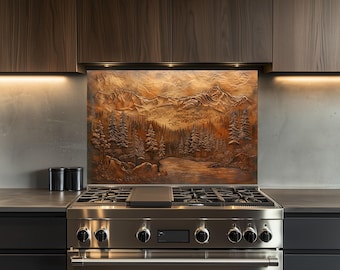 Kitchen Backsplash, Tempered Glass Backsplash, Mountain and Forest, Copper Design Kitchen Splashback, Wall Decor, Shatterproof, Behind Stove