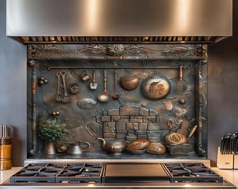Tempered Glass Kitchen Backsplash, Rustic Copper Effect, Kitchen Decor, Heat-Resistant Wall Decor