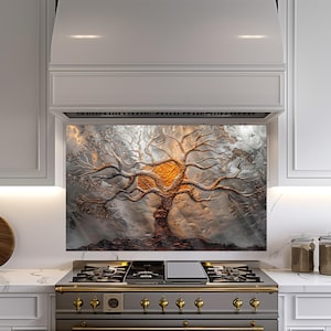 Kitchen Backsplash Copper Embossing Tree Of Life Artwork, Tempered Glass Backsplash, Behind Stove Backsplash, Easy Clean, Kitchen Splashback