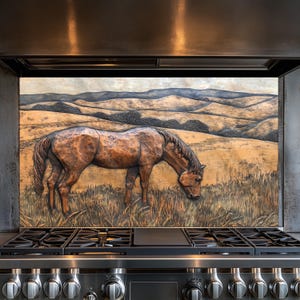 A horse in a Field Kitchen Backsplash, Tempered Glass Backsplash, Copper Design Kitchen Backsplash Behind Stove Tempered Glass ,Rustic Decor
