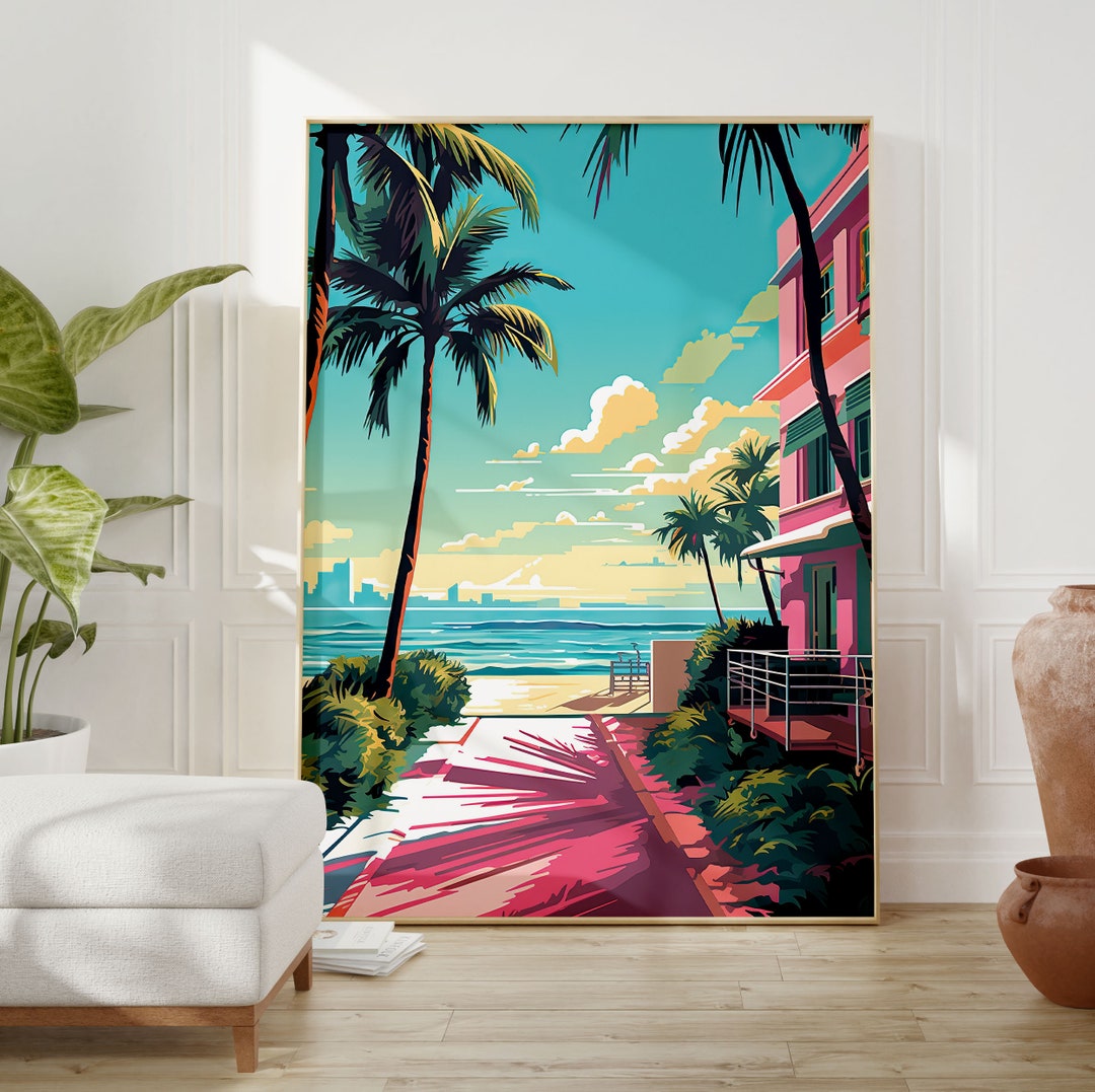 Neon Shoreline Miami Poster Matte Vertical Posters Miami Etsy