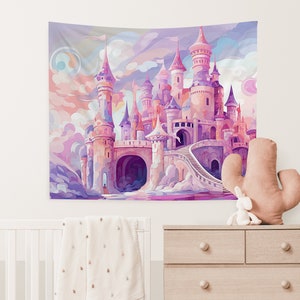 Fairyland Rose Fortress Tapestry, Castle Fantasy Decor, Pink Castle Wall Tapestry, Girls Room Wall Decor, Princess Bedroom, Magical Spaces