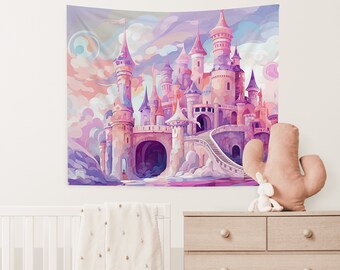 Fairyland Rose Fortress Tapestry, Castle Fantasy Decor, Pink Castle Wall Tapestry, Girls Room Wall Decor, Princess Bedroom, Magical Spaces