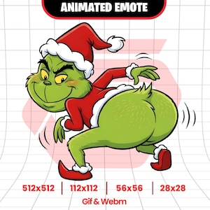 Puede incluir: Emoticono animado del Grinch con gorro y traje de Papá Noel rojos y blancos, con cuerpo verde. El Grinch está agachado, con el trasero mirando al espectador. El texto en la parte superior dice "GRINCH ANIMATED EMOTE".