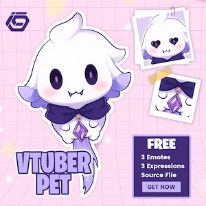 May include: A cartoon character in white with purple details, a black bow, and a purple gem pendant. The image includes two polaroid-style photos and a purple box with the word "FREE" and other text. The words "VTUBER PET" are also visible.