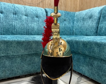 Handmade Napoleon Pickelhaube Helmet, Royal French Cavalry, Black Plume, Wooden Stand