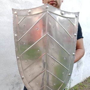 Puede incluir: Un escudo grande, de color plateado, de estilo medieval con la parte inferior puntiaguda y la superior ligeramente curvada. El escudo está decorado con un patrón de líneas en relieve y remaches.