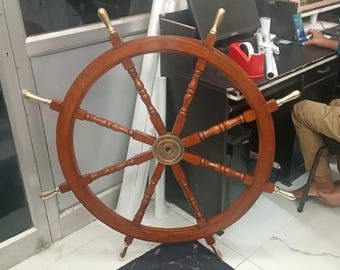 Nautical Ship Wheel 36" | Wooden & Brass Pirate Decor