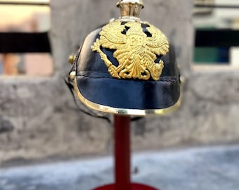 WWI German Pickelhaube Leather & Brass Helmet ~ Imperial Prussian Spike Helmet with stand~  gift item