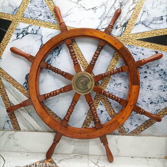 36 Inch Ship Steering Wheel 36 Inch With Brass Poles - Vintage