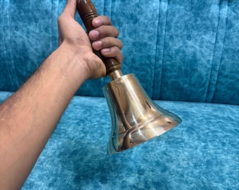 Nautical Brass Finish Hand Bell With Wooden Handle School Office Bell