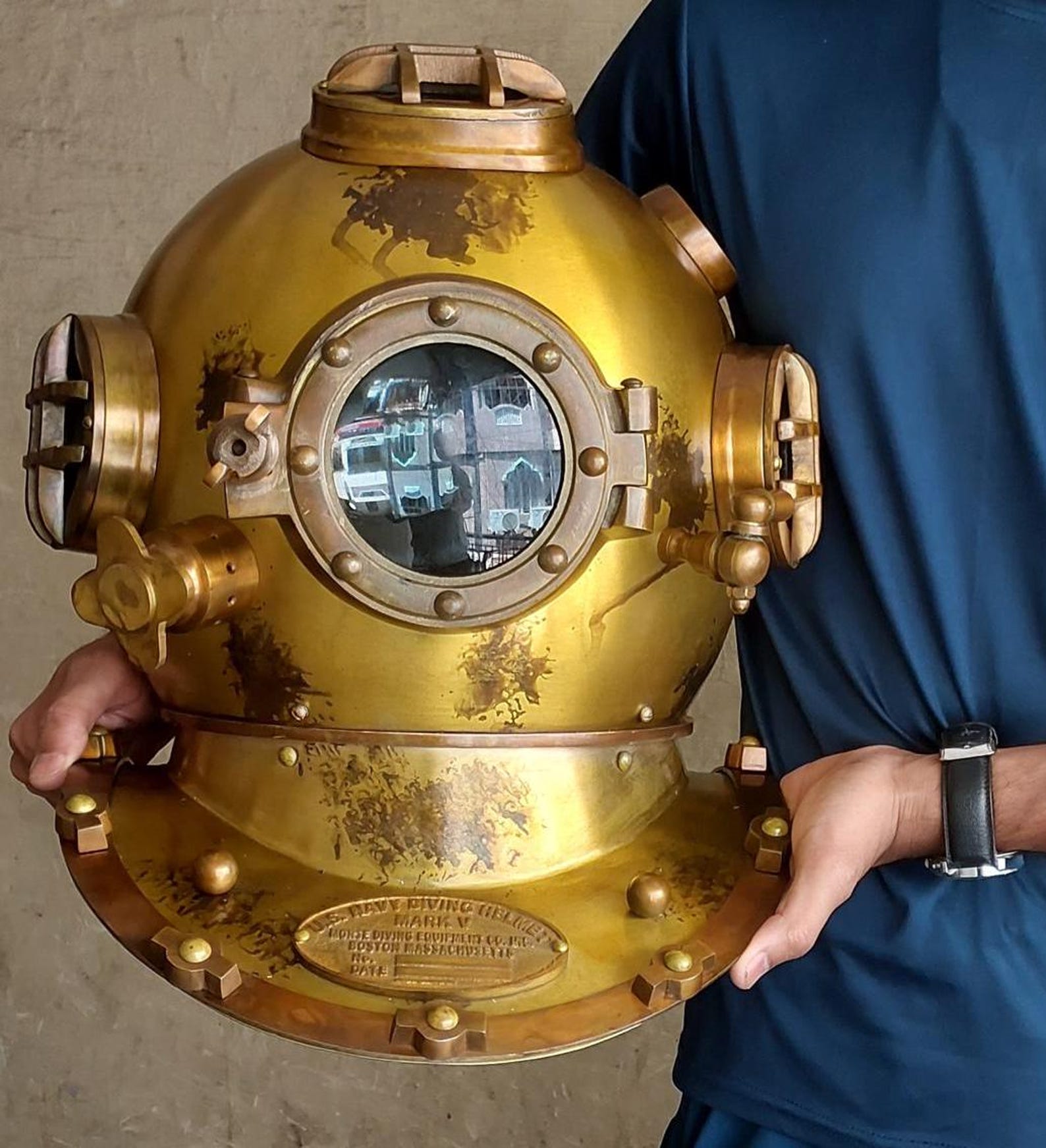 US Navy Mark V Antique Reproduction Diving Helmet - Full Size Brass & Steel