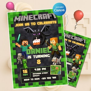 Bearbeitbare Minecraft-Geburtstagseinladung, Minecraft-Geburtstag, Party Kids Gamer-Einladung, bearbeitbare Canva-Vorlage