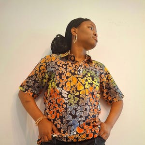 Ankara Multicolour Unisex  T-Shirt – Orange, Yellow, Blue, White and Green | Lightweight Cotton | Size Large UK 14–16 (Arican Prints)
