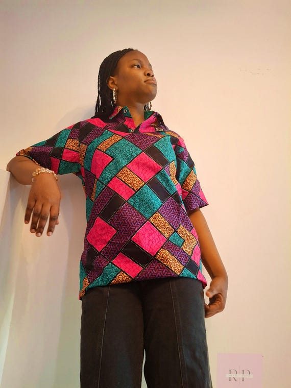 Ankara Patchwork Shirt – Handmade Cotton African Print Top, Medium
