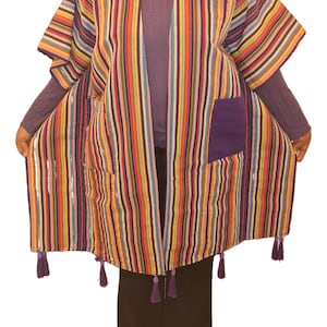 African Aso Oke Kimono (Ofi Kimono) – Multicolor Traditional Handwoven Jacket with Pockets