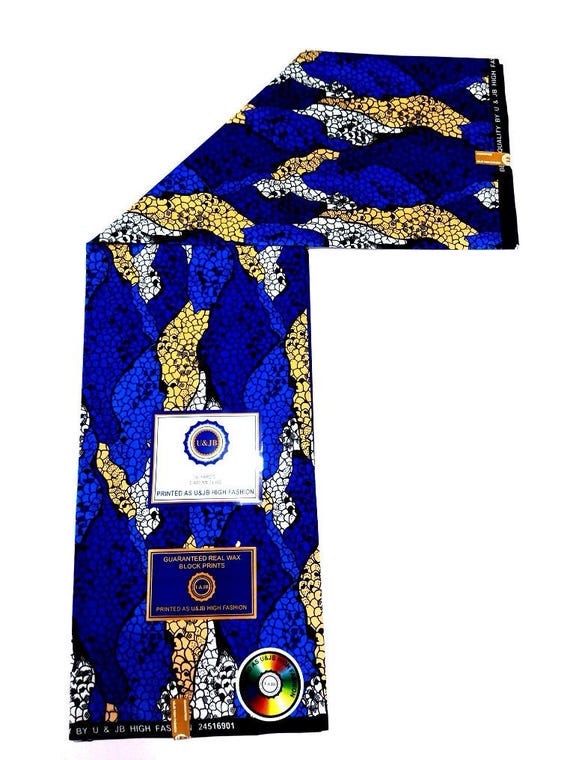 Tissu Wax Africain Imprimé – Motif Bleu, Jaune Et Blanc – Coton Au Mètre Pour Vêtements Ou Pagne