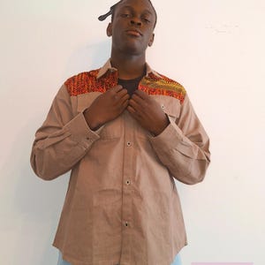 Ankara Two-Tone Button-Up Shirt – Tan Cotton & Bold African Fabric | Men’s Long Sleeve Shirt with Pockets