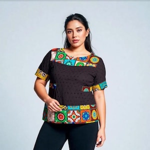 Blusa Ankara con parches de encaje colorido (estampados africanos) Talla: Mediana a extra grande (EE. UU.)