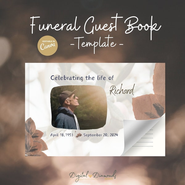 Funeral Guest Book, Memorial Sign In Custom Template, Ebook template Canva, Available in 8.5x11 inch and 6x9 inch, Printable & Editable