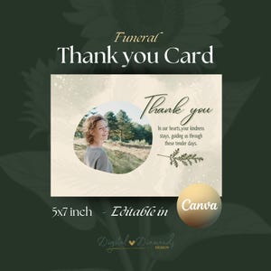 Carte de remerciement pour les funérailles en pin, modèle commémoratif pour un service funéraire, carte de sympathie modifiable, modifiable sur Canva
