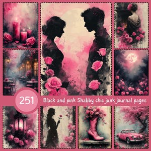 Black and Pink Shabby Chic Junk Journal Pages | Romantic Vintage Printable Kit | Elegant Rose Paper Pack for Scrapbooking
