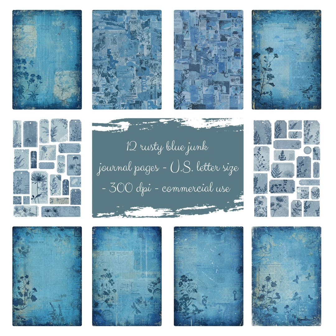 Rusty Blue Junk Journal Kit | Vintage Grunge Ephemera (digital Download ...