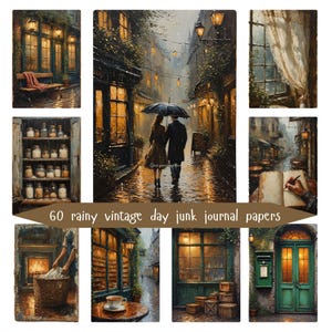 Rainy Vintage Junk Journal digital pages, Cozy Rain Pages, Vintage Street Printable Set, Romantic Rainy Day Paper, commercial use, 300 dpi