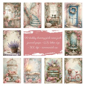 Kit de páginas de diário Shabby Dreamy Pink Rose Junk | Carta floral vintage Cottagecore para impressão | Elementos botânicos românticos para scrapbook