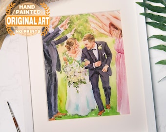 May include: A watercolor painting of a wedding couple walking down the aisle, surrounded by their wedding party. The bride is wearing a white dress and the groom is wearing a black suit. The painting is set against a green background with a light blue sky.