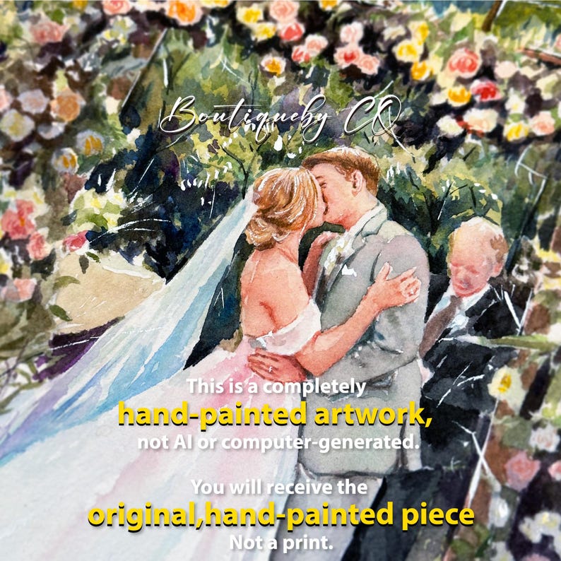 Puede incluir: Una pintura de acuarela de una pareja de bodas bes&aacute;ndose bajo un arco floral. La novia lleva un vestido blanco y velo, y el novio lleva un traje gris. La pintura est&aacute; firmada "Boutiqueby Co" e incluye el texto "Esta es una obra de arte completamente pintada a mano, no AI o generada por computadora. Recibir&aacute;s la pieza original, pintada a mano. No una impresi&oacute;n."