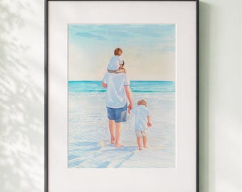 Regalo per il papà, ritratto personalizzato di papà e figli, disegno del papà dipinto a mano al 100%, dipinto da foto, regalo da moglie e figlia, regalo per lui