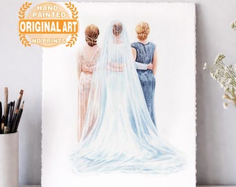 May include: Watercolor painting of three figures, likely a bride and attendants, in elegant gowns. The bride wears a long veil. The artwork is labeled "HAND PAINTED ORIGINAL ART NO PRINTS" in a gold emblem.
