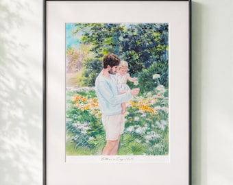 Könnte beinhalten: Gerahmter Aquarelldruck eines Vaters, der ein Kind in einem Blumenfeld hält. Das Kunstwerk zeigt einen Mann in einem hellblauen Hemd und weißen Shorts, der ein Kind in einem weißen Kleid hält. Der Text "Father's Day 2026" steht unten.