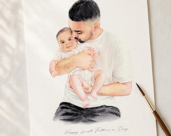 Regalo per la prima festa del papà, ritratto personalizzato di padre e figlio, disegno del papà interamente dipinto a mano, dipinto da foto, regalo dalla moglie, opera d'arte significativa