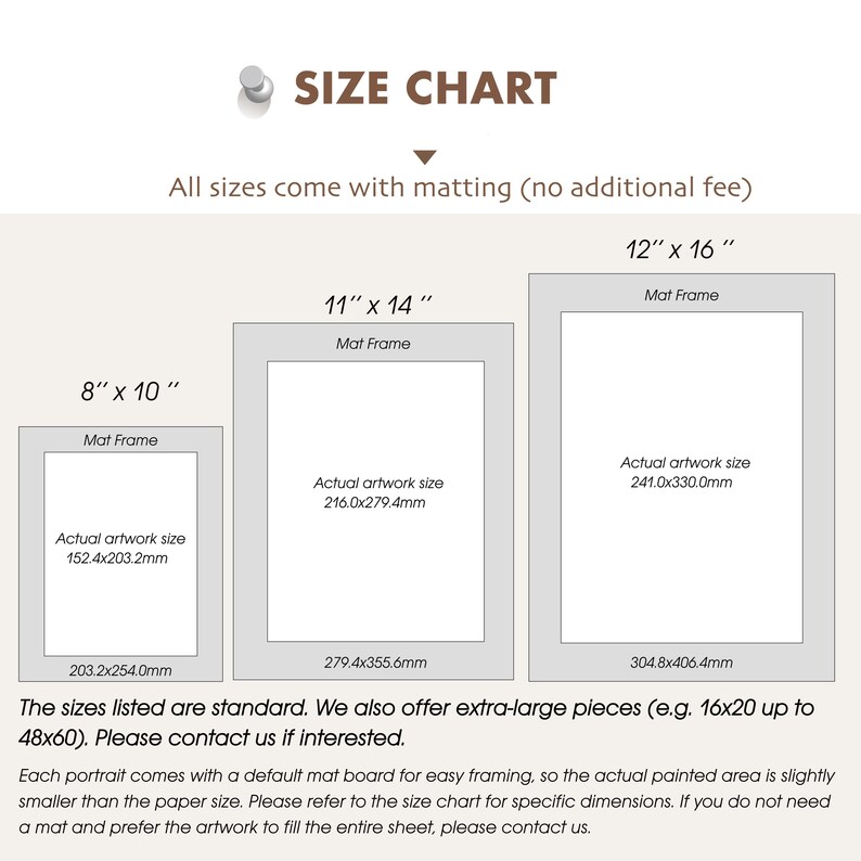 May include: Size chart graphic showing artwork dimensions with matting. Sizes include 8x10 inches (203.2x254.0mm), 11x14 inches (279.4x355.6mm), and 12x16 inches (304.8x406.4mm). The chart also notes that extra-large sizes are available.