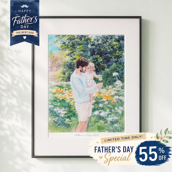 Custom Hand-Drawn Father and Daughter Portrait, Custom Dad Drawing, Painting from photo, Gift from Wife,Meaningful Artwork,1st Farthers Day