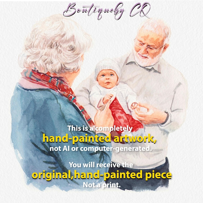 Pu&ograve; includere: Dipinto ad acquerello di un bambino tenuto in braccio dai nonni. L'opera d'arte &egrave; dipinta a mano, non generata dall'IA, e presenta un testo che ne sottolinea l'originalit&agrave;. Il bambino indossa un cappello bianco e un vestito rosso e bianco.