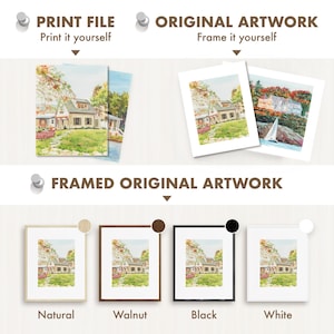 May include: The image showcases options for artwork: print files, original artwork to frame, and framed original artwork. Framed options include natural, walnut, black, and white frames. The artwork depicts a watercolor painting of a house.