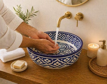 Moroccan Ceramic Sink Blue White | Handmade Vessel Sink Bathroom | Artisan Wash Basin | Luxury Bathroom Decor | Soussfamily