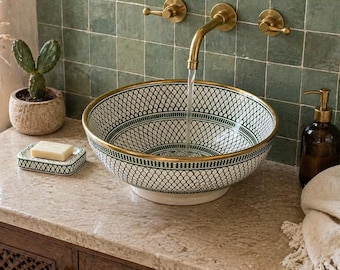 Moroccan Ceramic Sink Handmade | Green Pattern Vessel Sink | Bathroom Vanity Bowl | Brass Style Wash Basin | Artisan Bathroom Decor