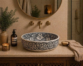 Black White Moroccan Ceramic Vessel Sink – Handmade Bathroom Basin, Artisan Vanity Wash Bowl, Luxury Sink Decor