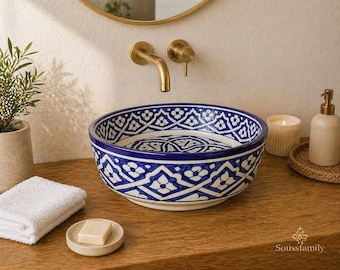 Blue Moroccan Ceramic Vessel Sink – Hand Painted Bathroom Basin, Artisan Vanity Wash Bowl