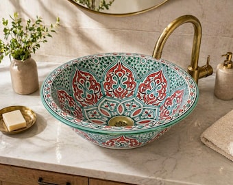 Moroccan Ceramic Vessel Sink – Handmade Bathroom Sink – Decorative Wash Basin – Colorful Artisan Vanity Sink – Unique Bathroom Decor