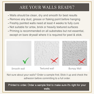 The image is a text-based guide that provides instructions on how to prepare walls for painting. It includes three images depicting different wall textures and a green checkmark, indicating that the walls are ready for painting.