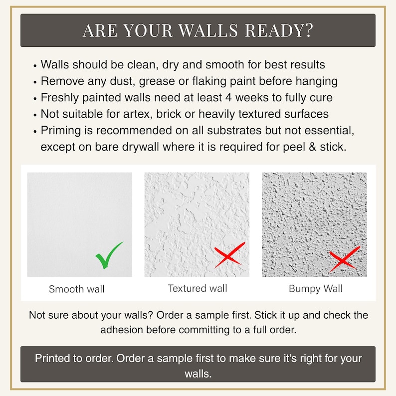 The image is a text-based guide that provides instructions on how to prepare walls for painting. It includes three images depicting different wall textures and a green checkmark, indicating that the walls are ready for painting.